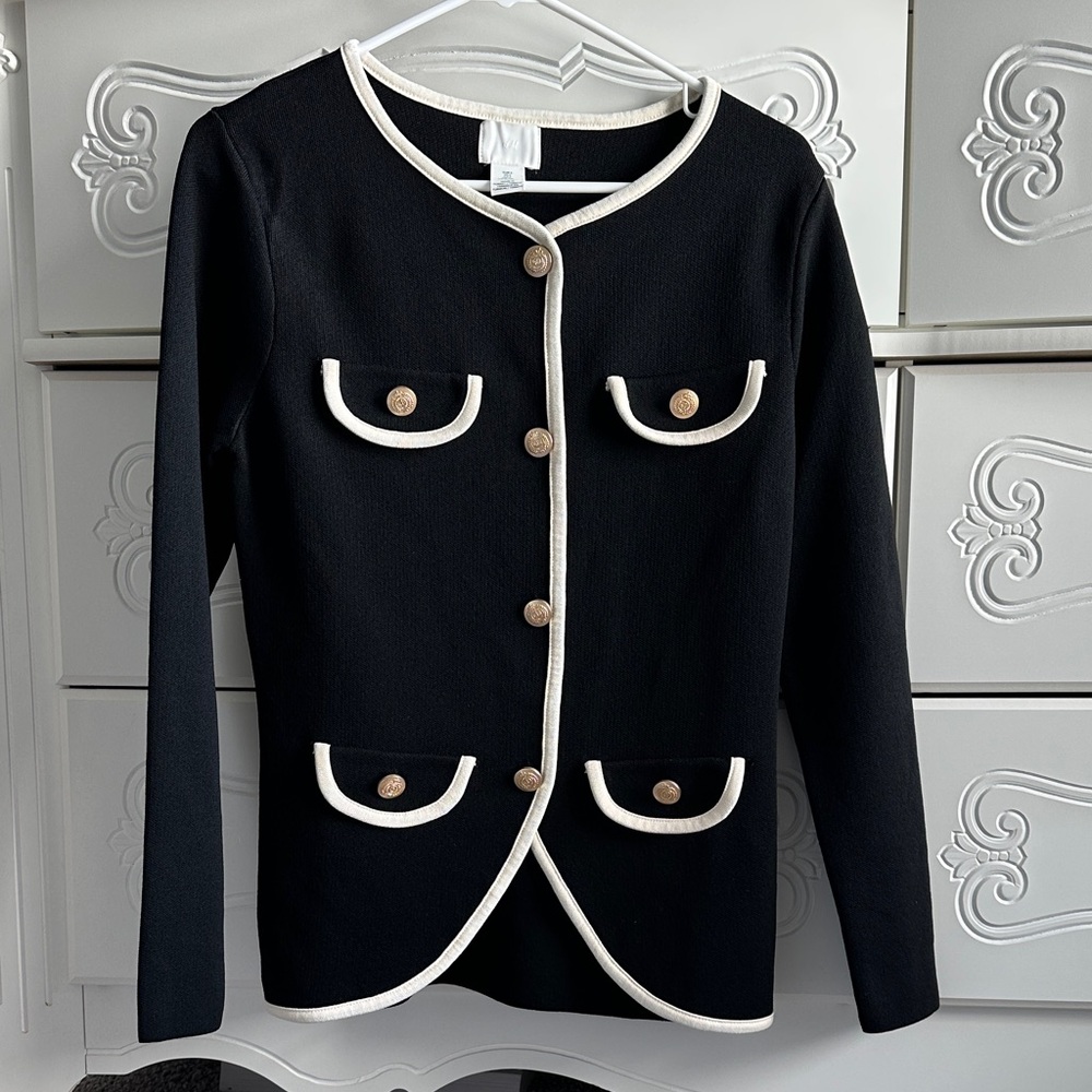 H&M Black Knit Top with Cream Trim